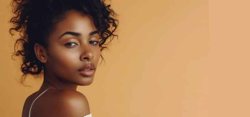 Beautiful Black Woman posing in studio on peach background. Fashion Portrait Black Woman in white stylish linen dress. Makeup, curly Hair