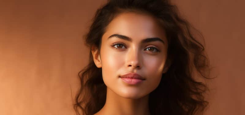A beautiful woman with dark hair and captivating brown eyes poses