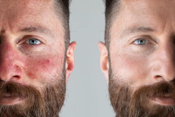 Face of a man with flushed cheek skin. Before and after a rosacea laser treatment. Half face with and without couperose