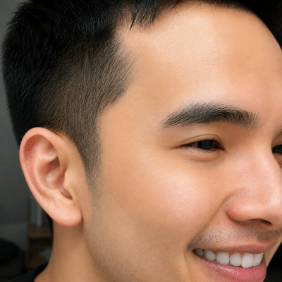 Close-up of a smiling man's right cheek and ear, showing a short fade haircut and groomed eyebrow.