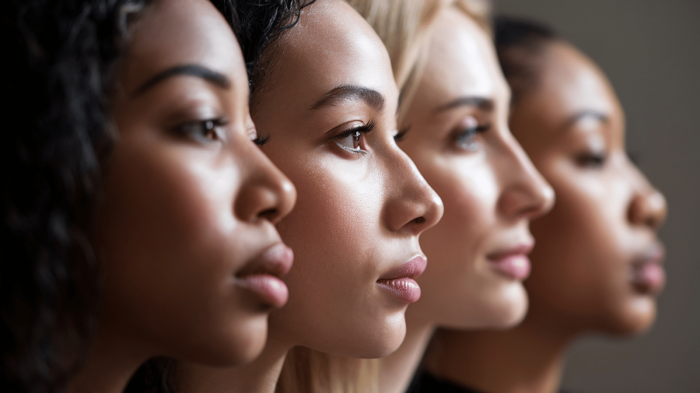 Four women of diverse backgrounds shown in close-up profile, all looking in the same direction, conveying unity and focus.