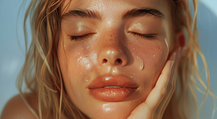 Close-up of a woman with eyes closed, dewy skin and water droplets on her face, hand resting on her cheek.