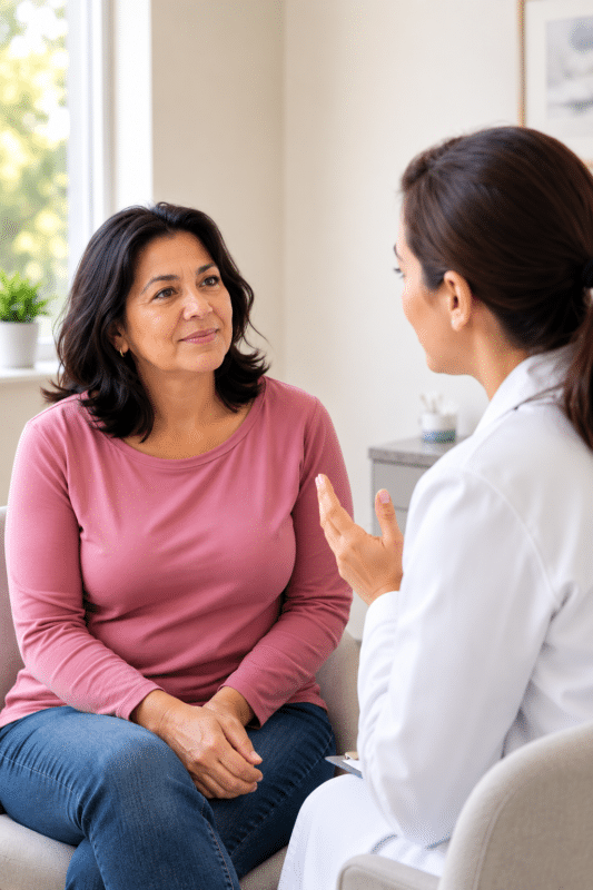 Woman in a pink top sits on a chair, talking with a doctor in a white coat during a medical consultation in a bright room.