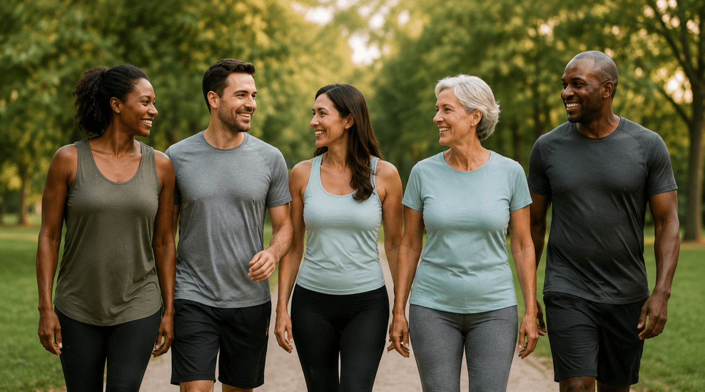 Five adults of diverse ages walking along a park path, smiling and talking.