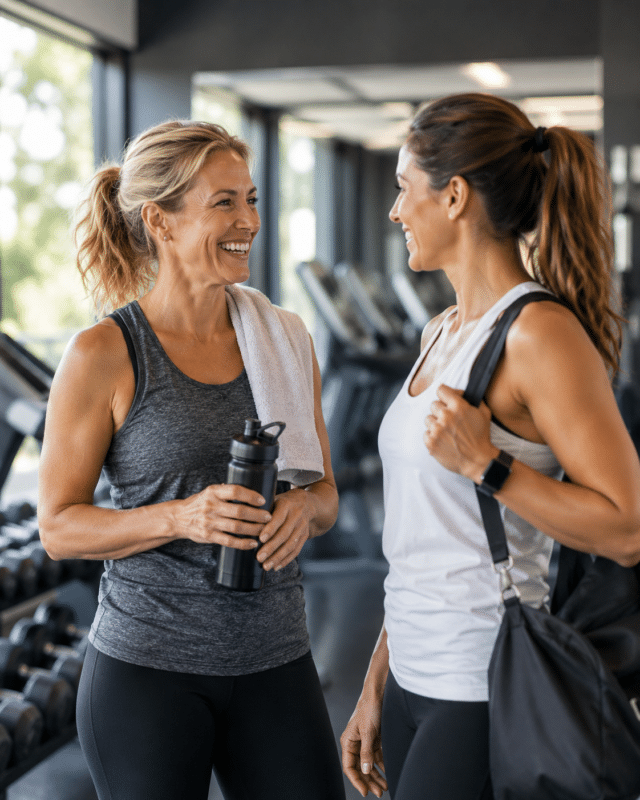 Two women in a gym chat and smile at each other, one holding a water bottle with a towel over her shoulder and the other carrying a gym bag.