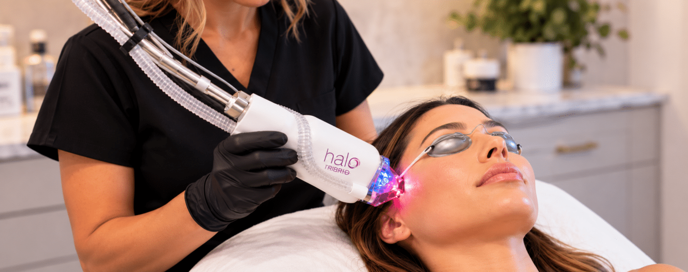 Clinician in black scrubs and gloves administers a Halo TRIBRID facial laser treatment to a reclining patient, pink light emitted on the cheek.