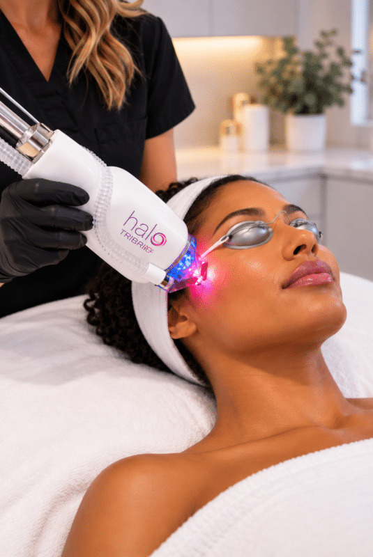 Patient lies with head wrapped, wearing protective goggles as a clinician applies a white Halo device emitting pink light to her cheek for a skin treatment.